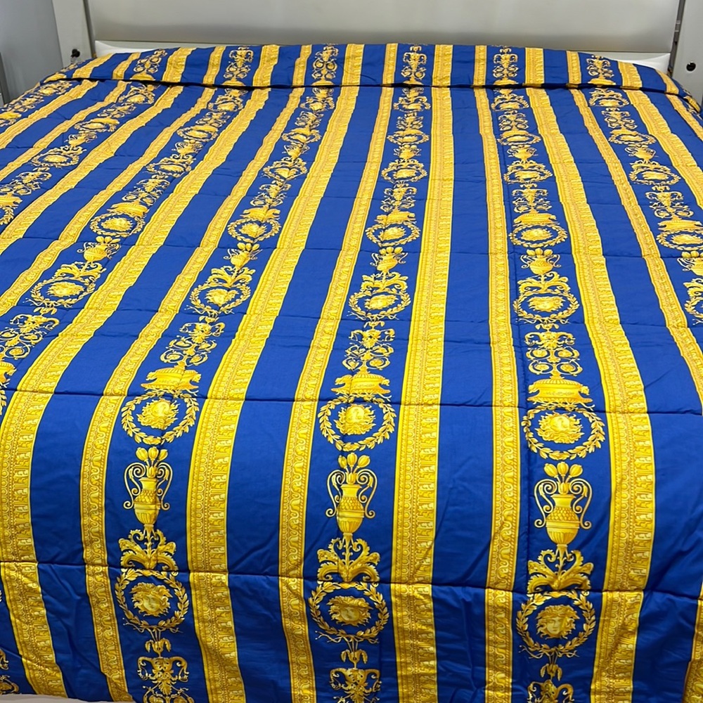 Versace King size royal blue and Gold barque print comforter reversible same